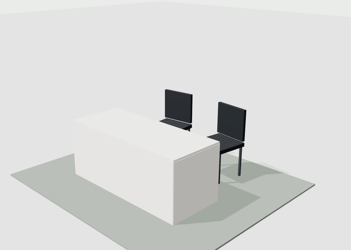 Aperçu 3D indicatif du stand de base : une table nappée et deux chaises
