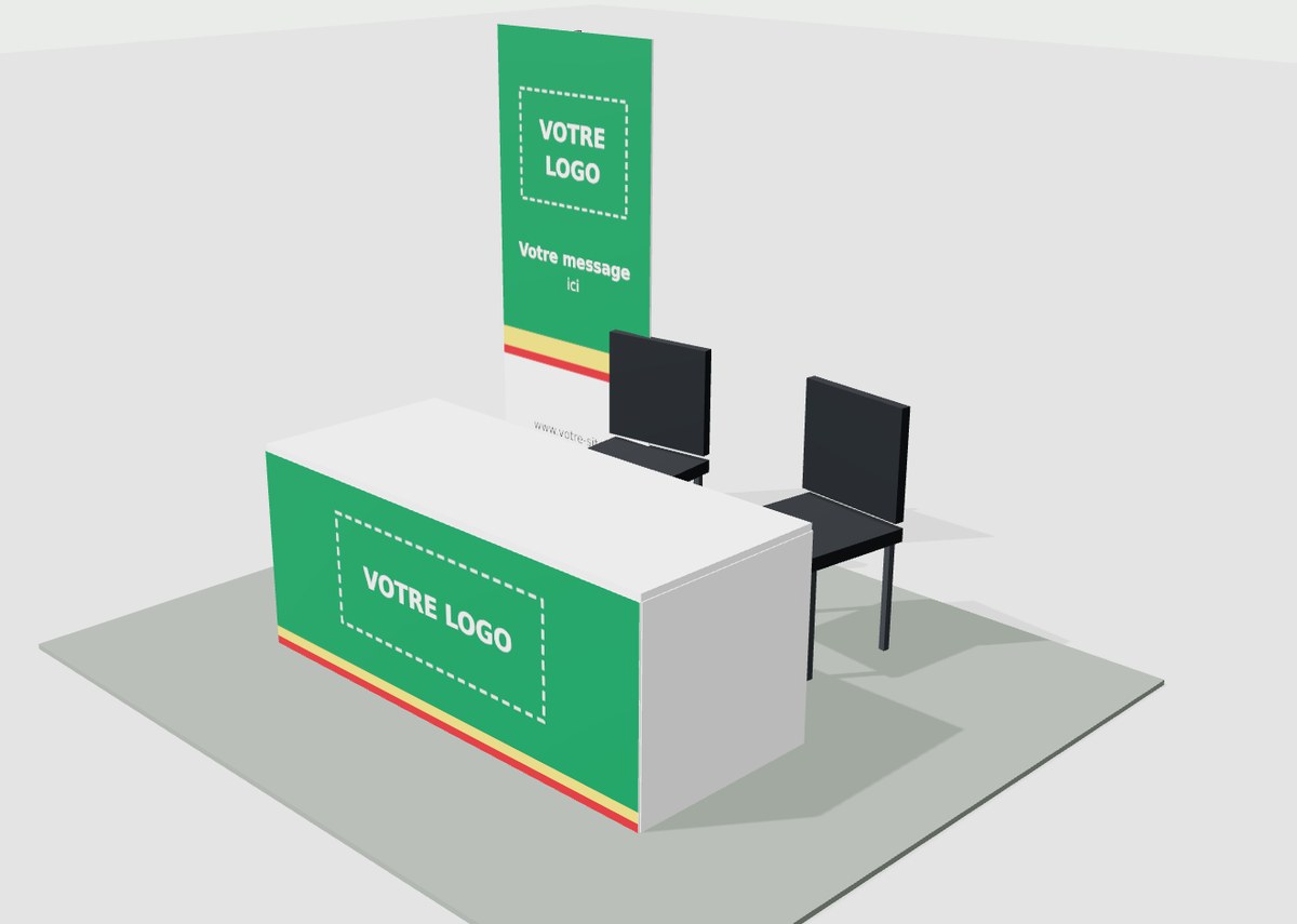 Aperçu 3D indicatif du stand avec l’option branding : nappe imprimée et kakémono aux couleurs de l’exposant